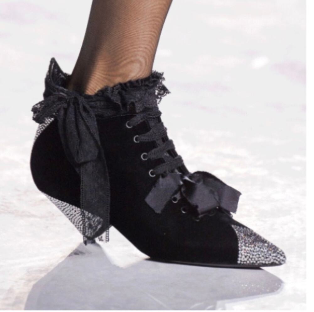 Authentic Saint Laurent Blaze 45 Crystal Velvet Lace Up Ankle Boots Black Size38